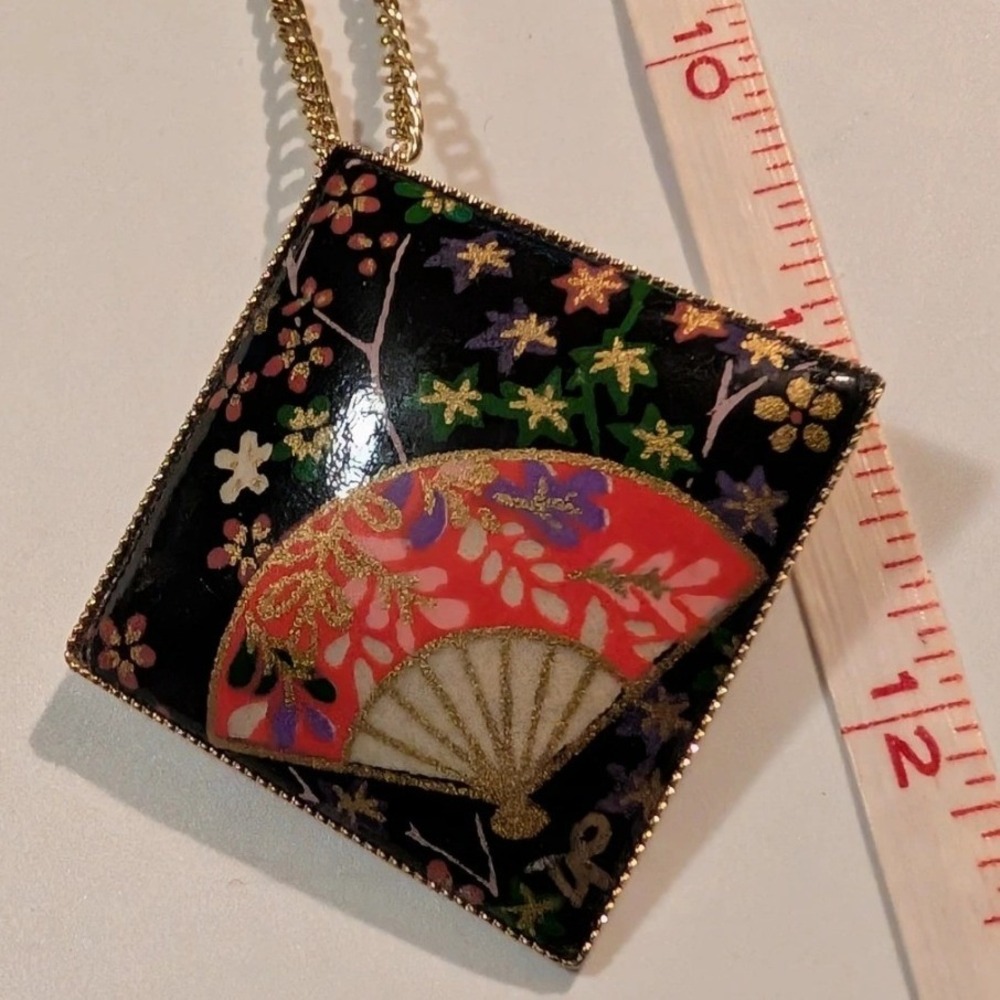 Vintage Japanese Fan Pendant Necklace Brooch Pin Gold Tone Black Red Floral